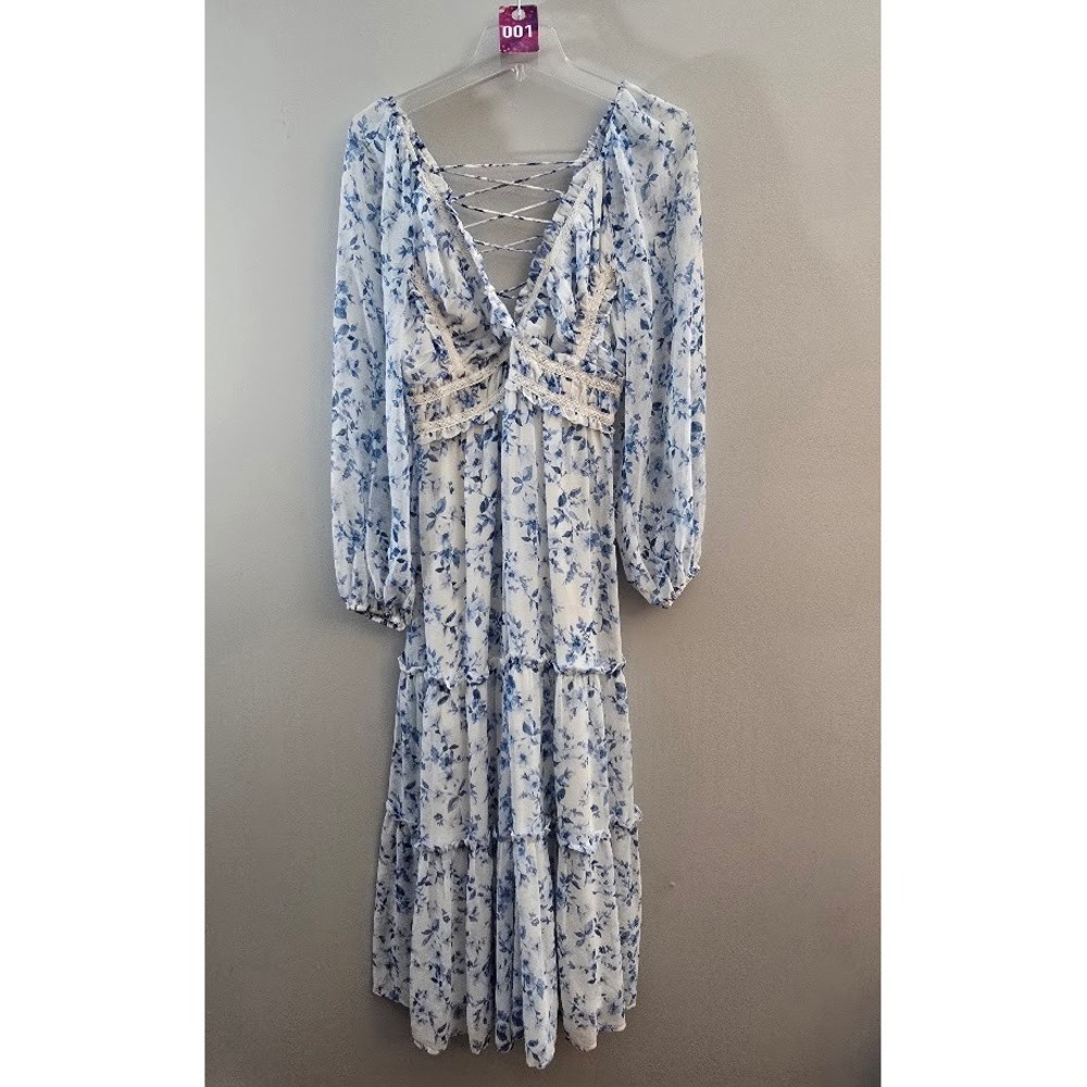 Altar'd State Womens Maxi Dress Blue Floral Lace Up Tiered Boho Cottagecore Sz M